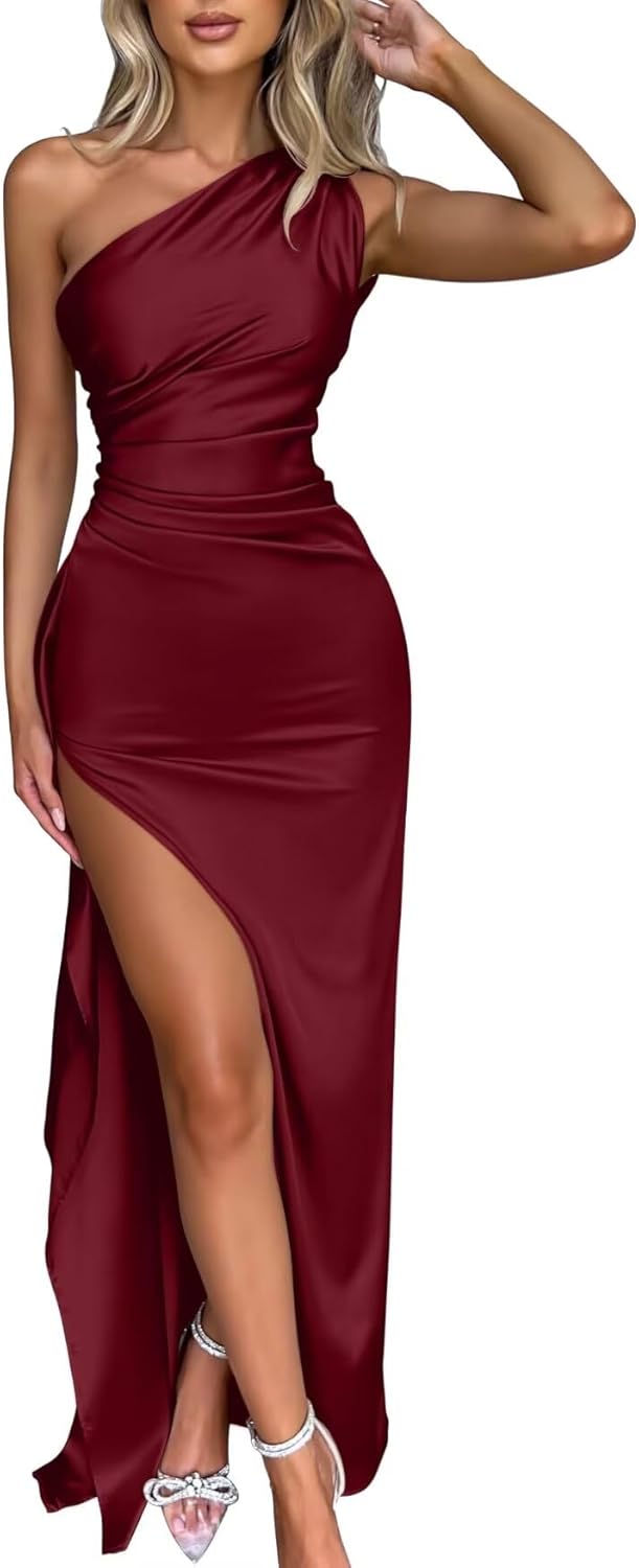 SERAPHINA™ – One-Shoulder Satin Split Maxi Dress