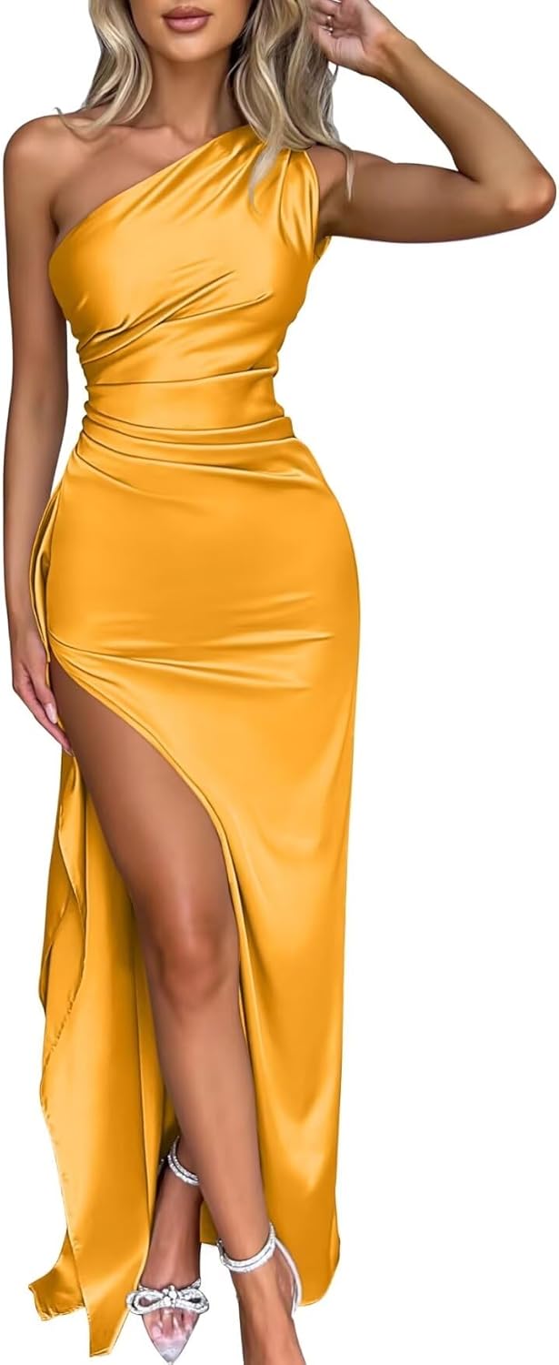 SERAPHINA™ – One-Shoulder Satin Split Maxi Dress