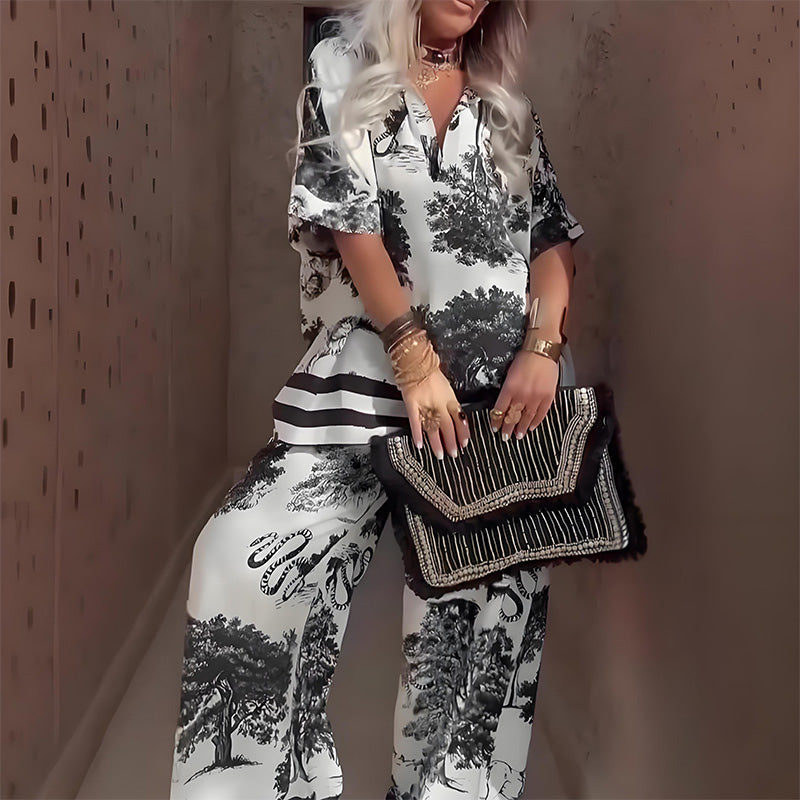 V-Neck Top with Long Pants – Elegant and Lightweight Style for Summer
